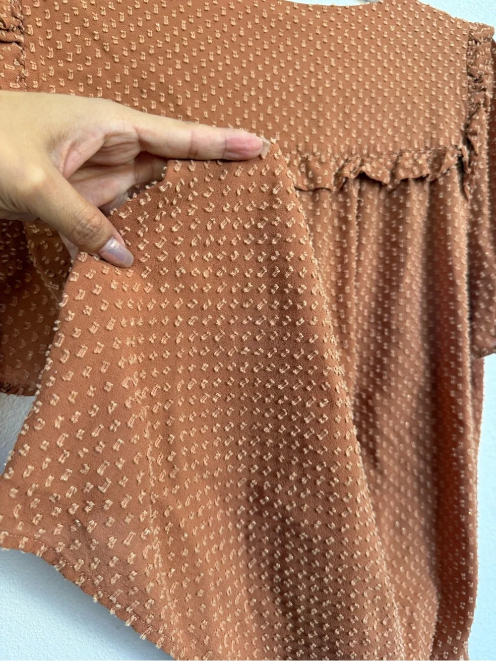Johnny Was Brown Swiss Dot Boho Peasant Blouse L Ruffle V-Neck Top - Picture 8 of 8